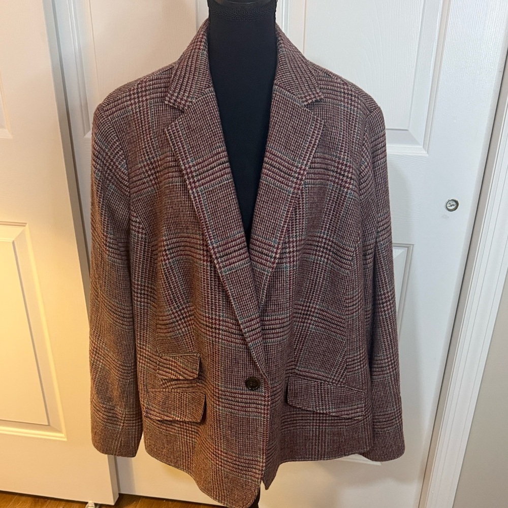 Talbots Women's Wool Blend Plaid Blazer Burgundy Green 20W Like New Preppy